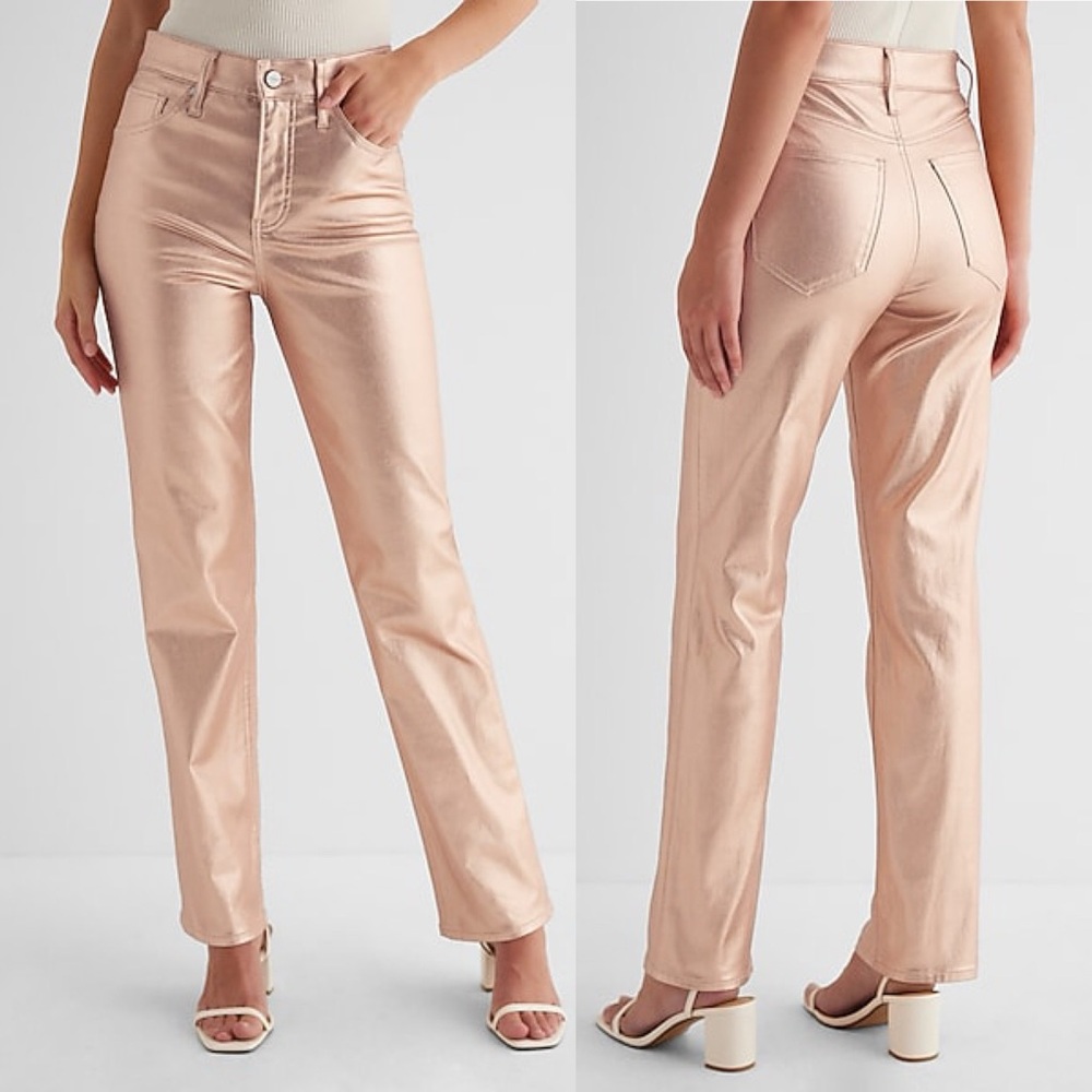 NWOT Women EXPRESS High Waist Metallic Coated Modern Straight Jean Rose Gold 2R